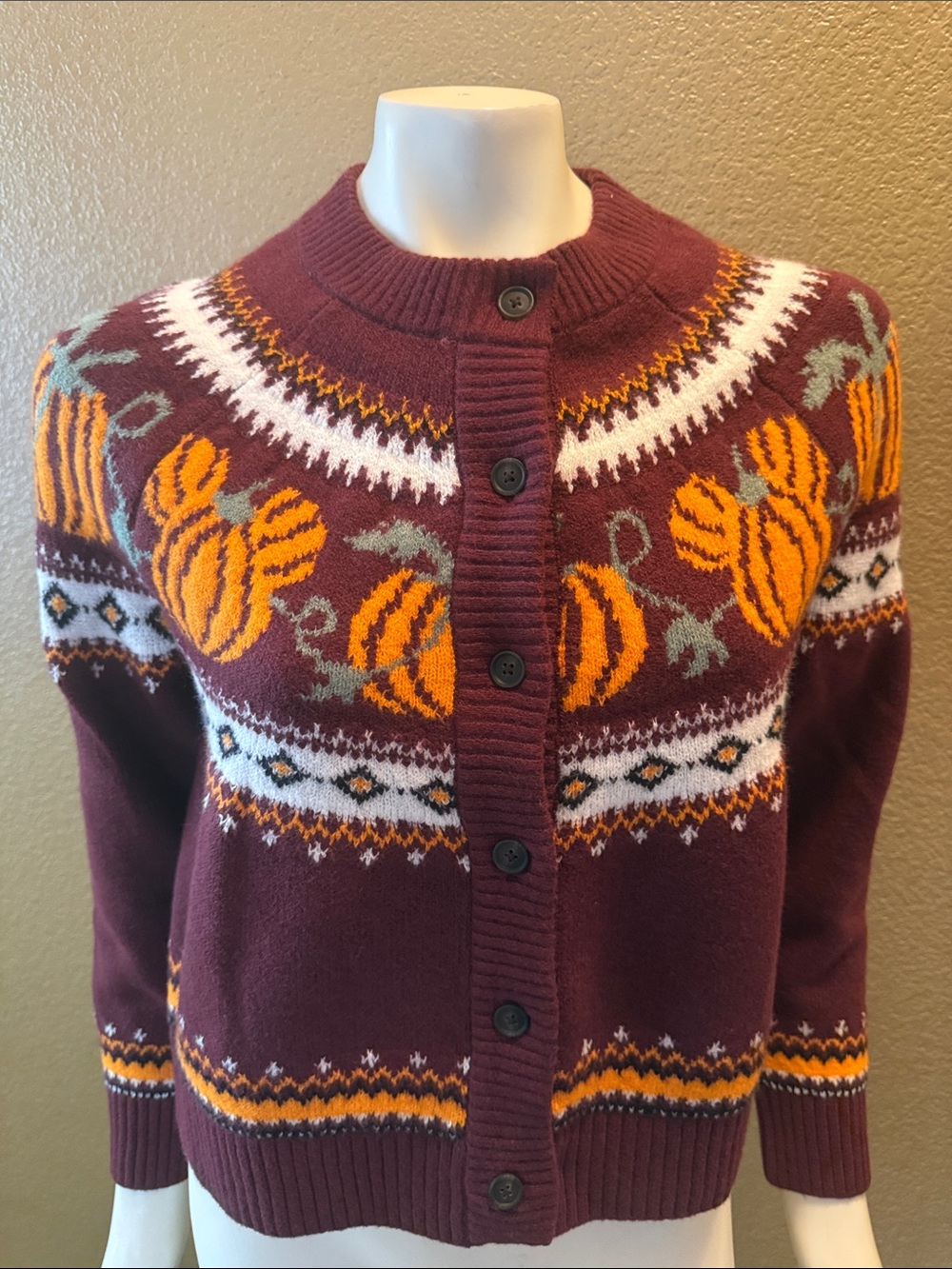 Old Navy Maroon and Orange Fair Isle Pumpkin Cardigan Sweater